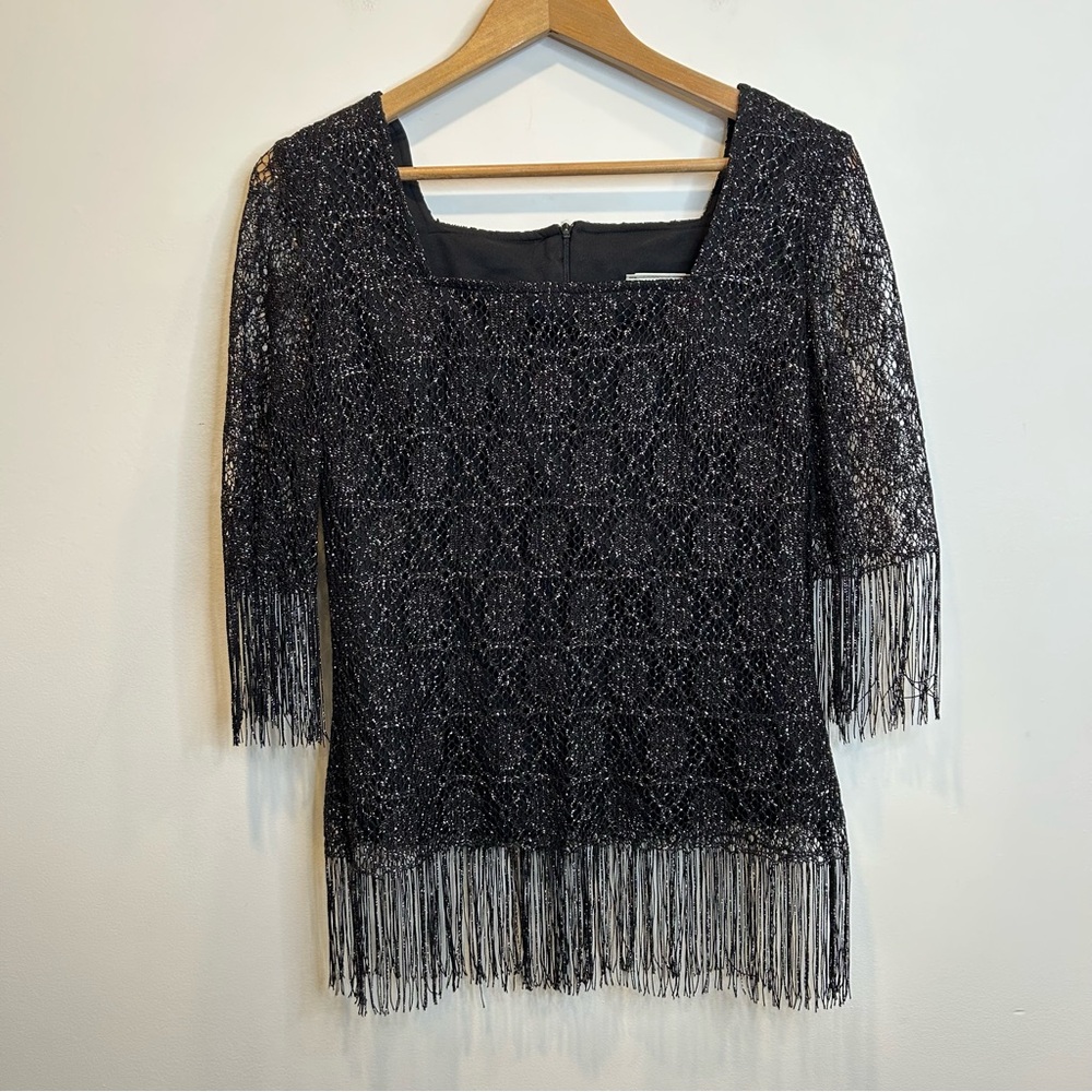 Joseph Ribkoff Fringe Lace 3/4 Sleeve Square Neck Blouse Black Silver